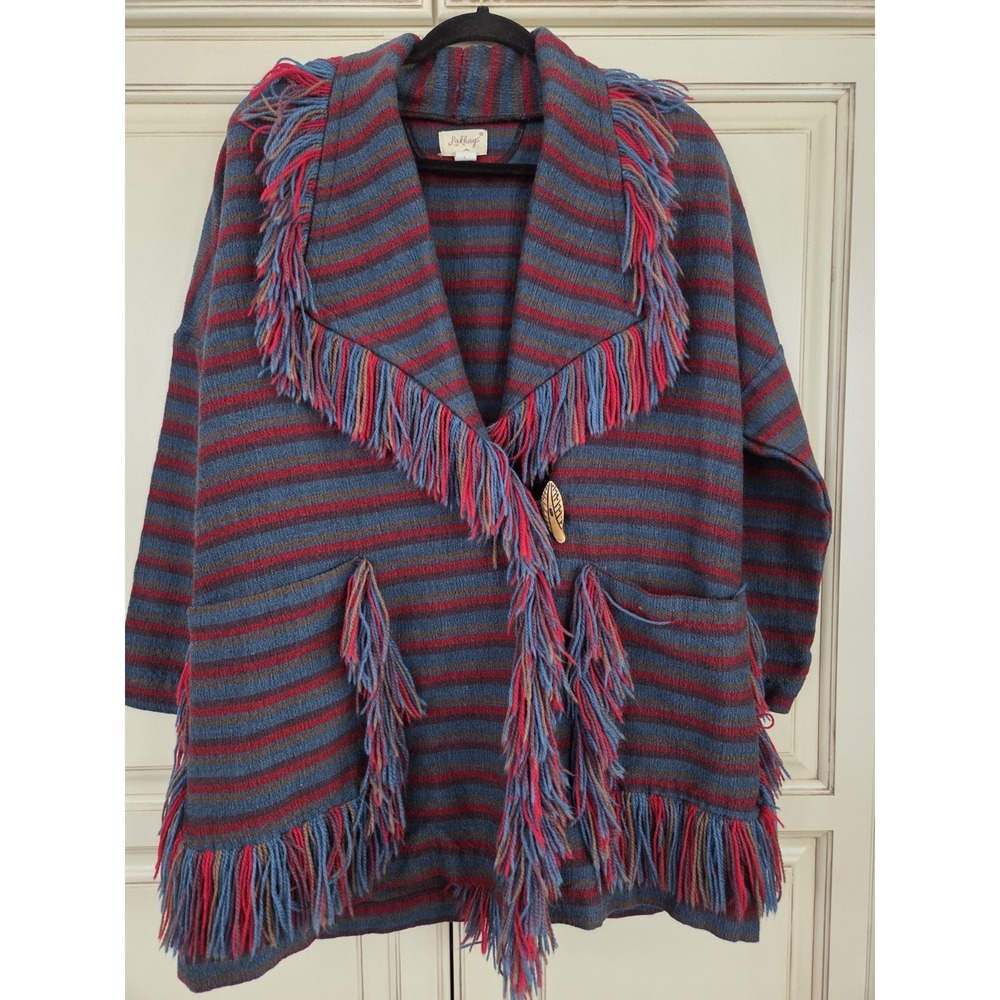 Lakhays‎ Western Native Tribal Cardigan Womens Small Medium Striped Fringe Artsy